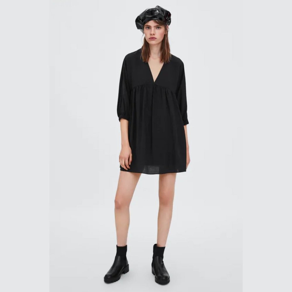 SOLD ZARA Puff Sleeve Babydoll Dress Black M - Picture 3 of 14